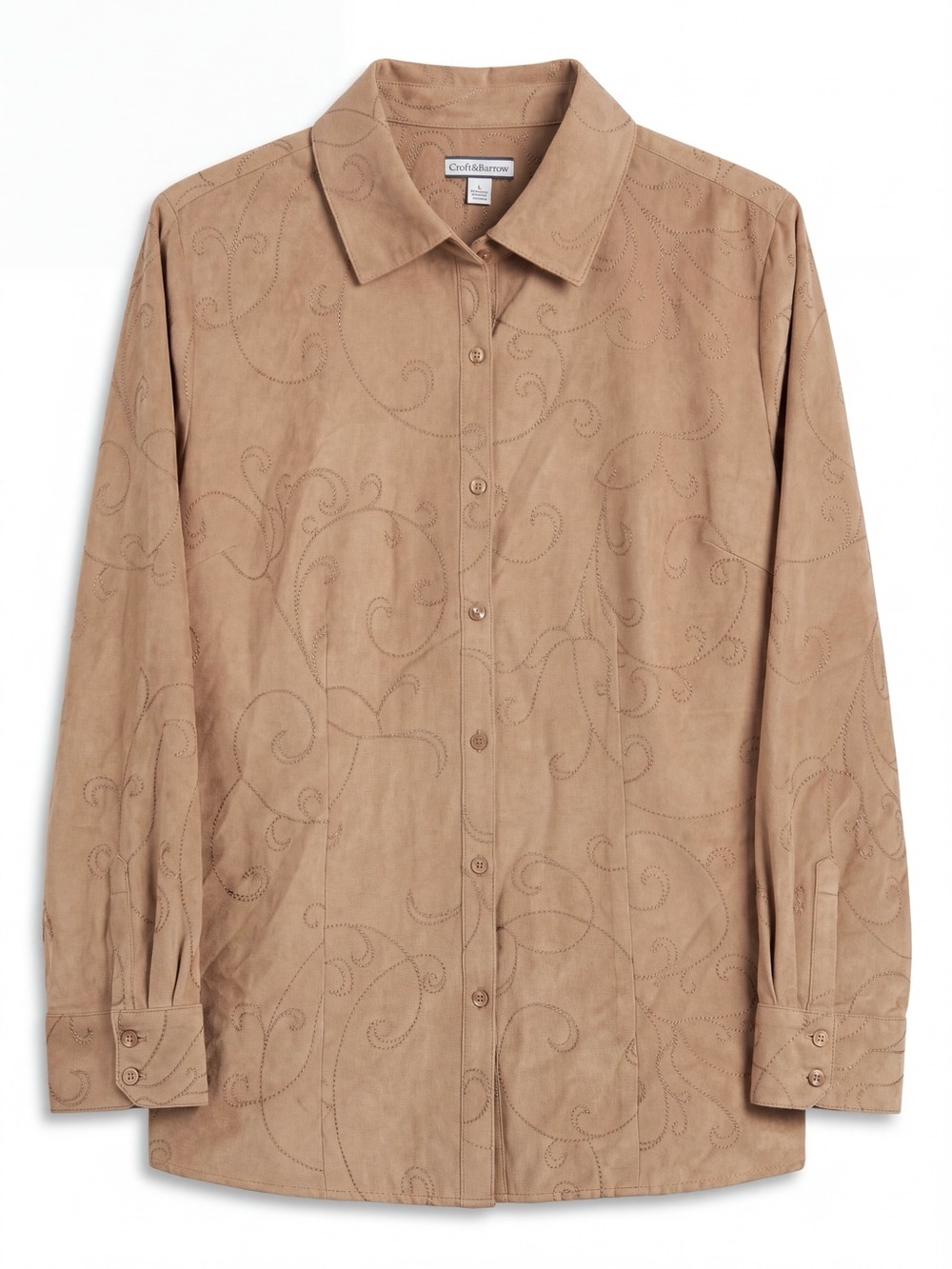 4/$20 Croft & Barrow Faux Suede Embroidered Button Front Shirt Jacket Camel L